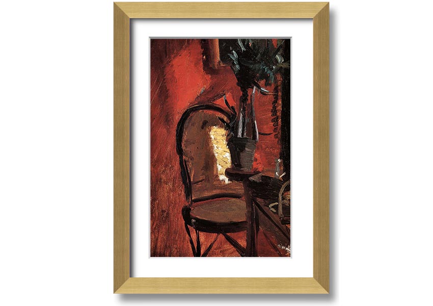 Framed print of Anna Ancher's chair artwork with a plant in front of a red wall, showcasing vibrant colors and artistic detail.