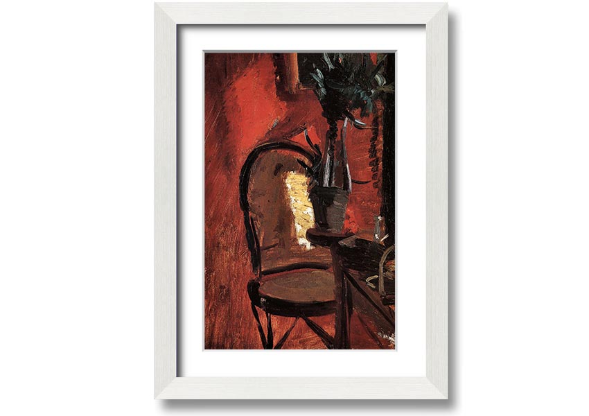 Framed print of Anna Ancher's chair artwork with a plant in front of a red wall, showcasing vibrant colors and artistic detail.