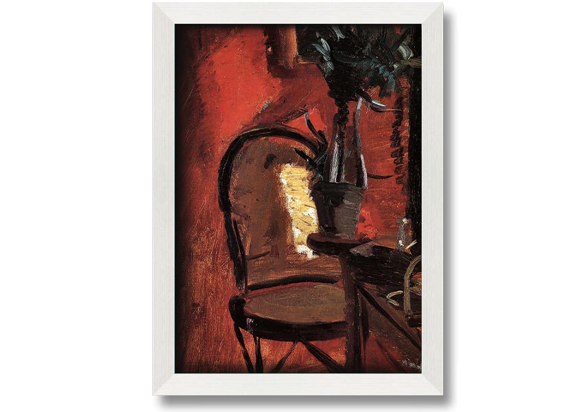 Framed print of Anna Ancher's chair artwork with a plant in front of a red wall, showcasing vibrant colors and artistic detail.