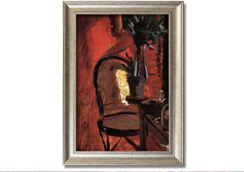 Framed print of Anna Ancher's chair artwork with a plant in front of a red wall, showcasing vibrant colors and artistic detail.