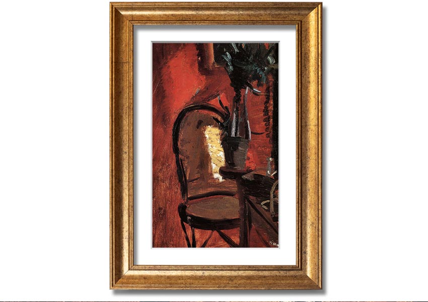 Framed print of Anna Ancher's chair artwork with a plant in front of a red wall, showcasing vibrant colors and artistic detail.
