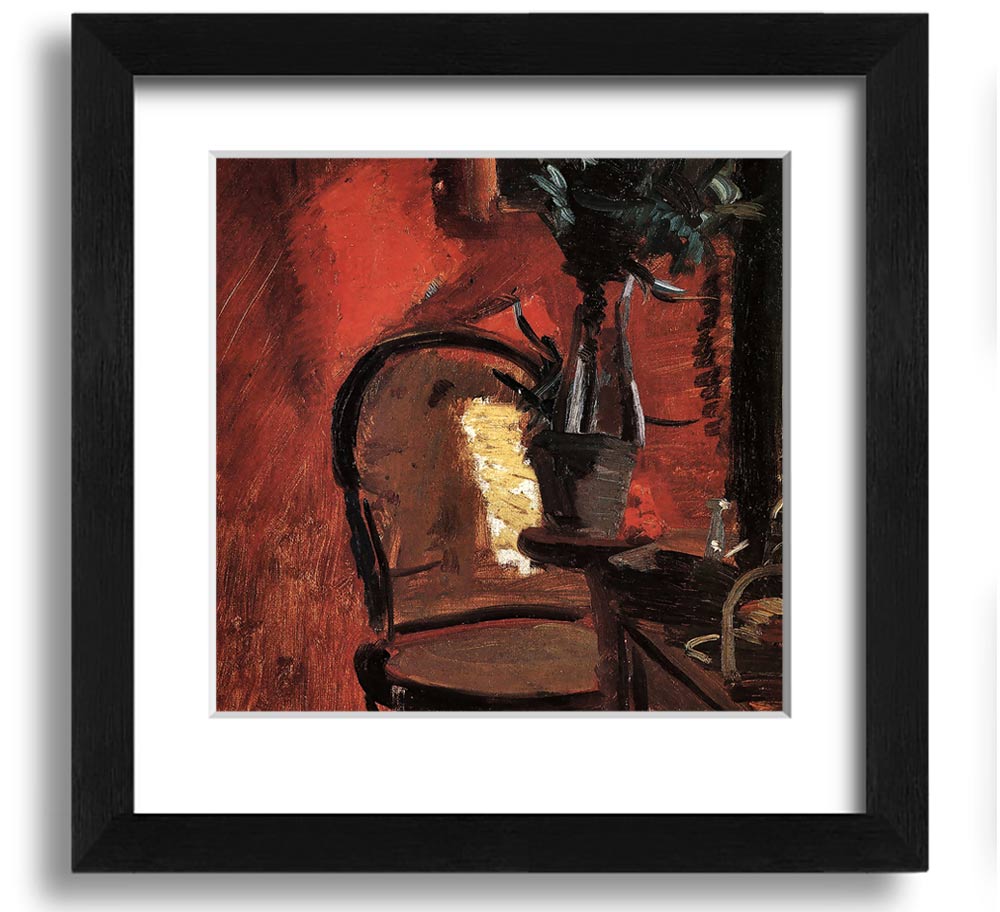 Anna Ancher Chair artwork featuring a plant in front of a vibrant red wall, framed and ready to hang.