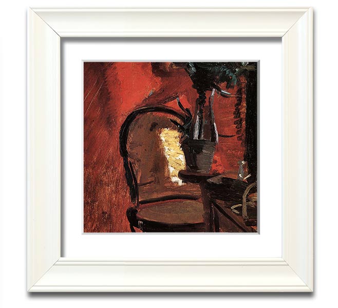 Anna Ancher Chair artwork featuring a plant in front of a vibrant red wall, framed and ready to hang.