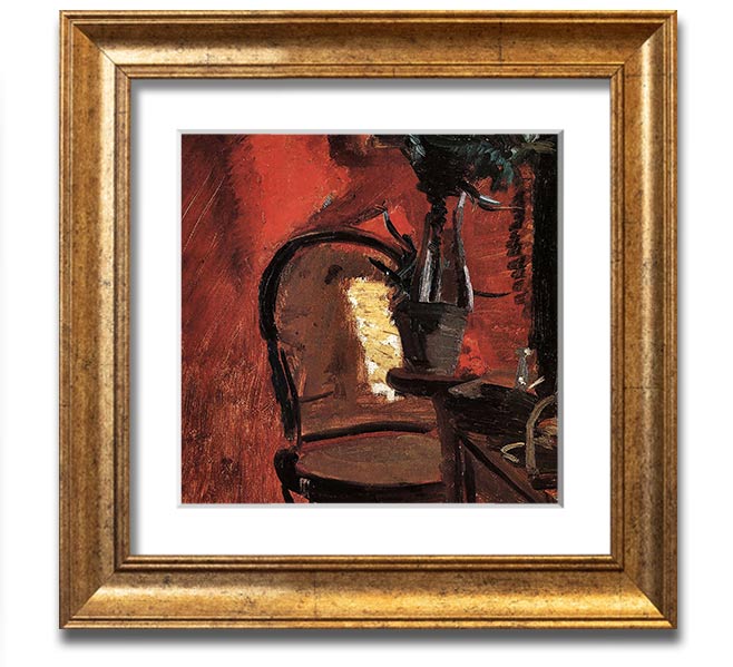 Anna Ancher Chair artwork featuring a plant in front of a vibrant red wall, framed and ready to hang.