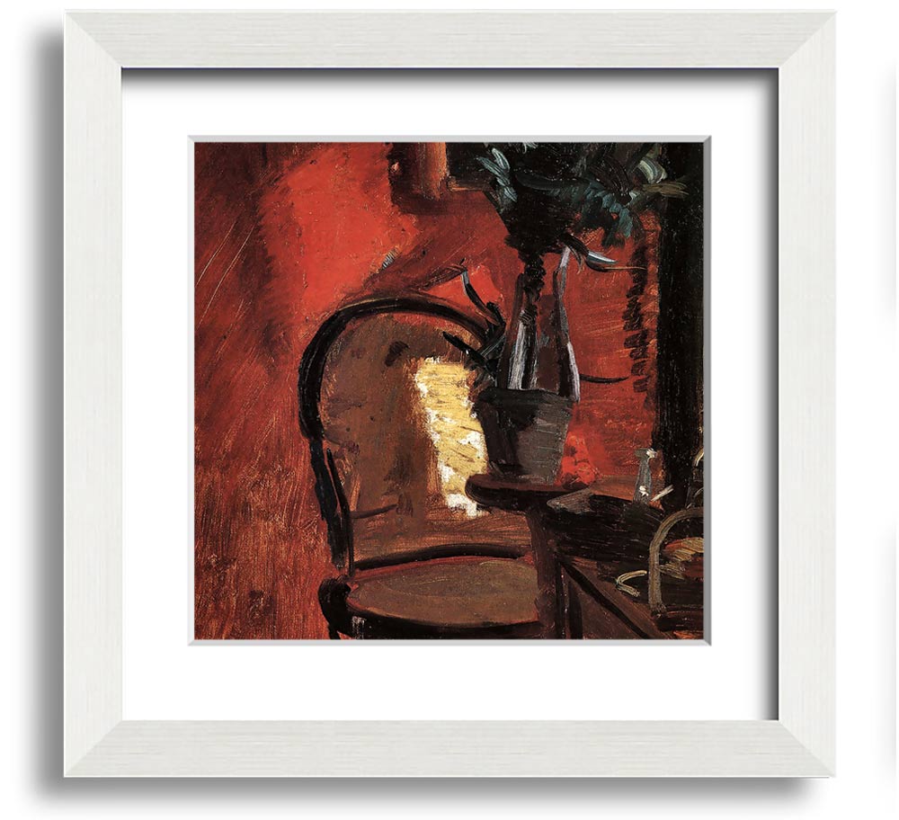 Anna Ancher Chair artwork featuring a plant in front of a vibrant red wall, framed and ready to hang.
