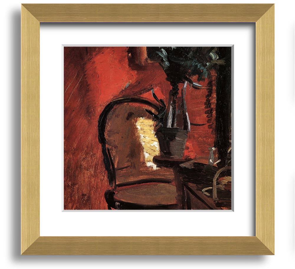 Anna Ancher Chair artwork featuring a plant in front of a vibrant red wall, framed and ready to hang.