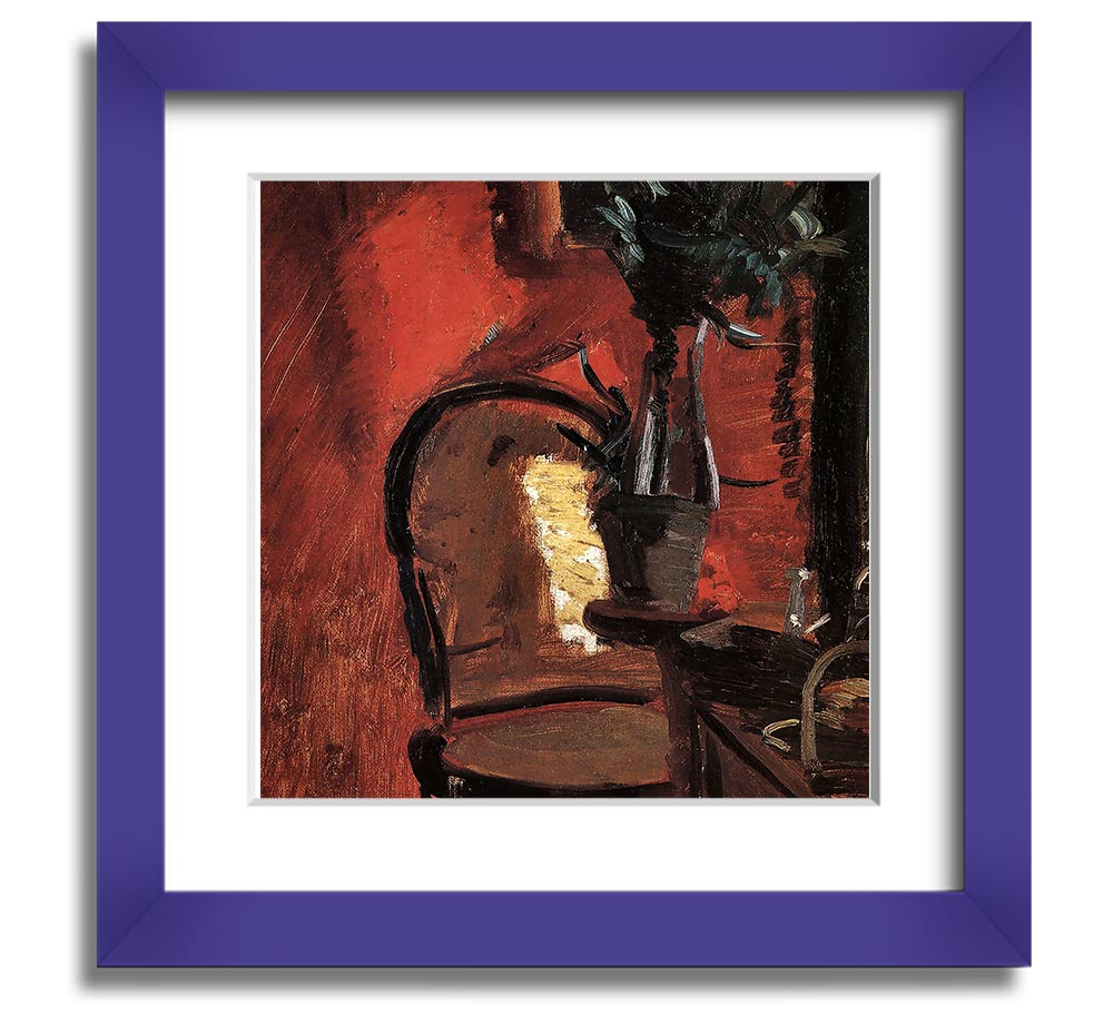 Anna Ancher Chair artwork featuring a plant in front of a vibrant red wall, framed and ready to hang.