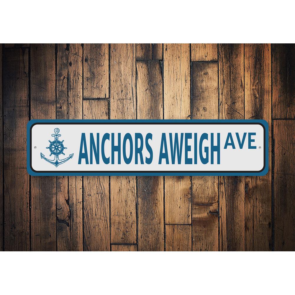 Anchors Aweigh Sign made of high-quality aluminum, featuring a nautical theme, perfect for home decor.