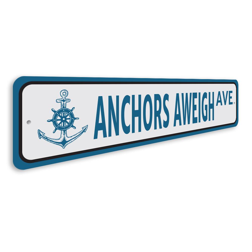 Anchors Aweigh Sign made of high-quality aluminum, featuring a nautical theme, perfect for home decor.