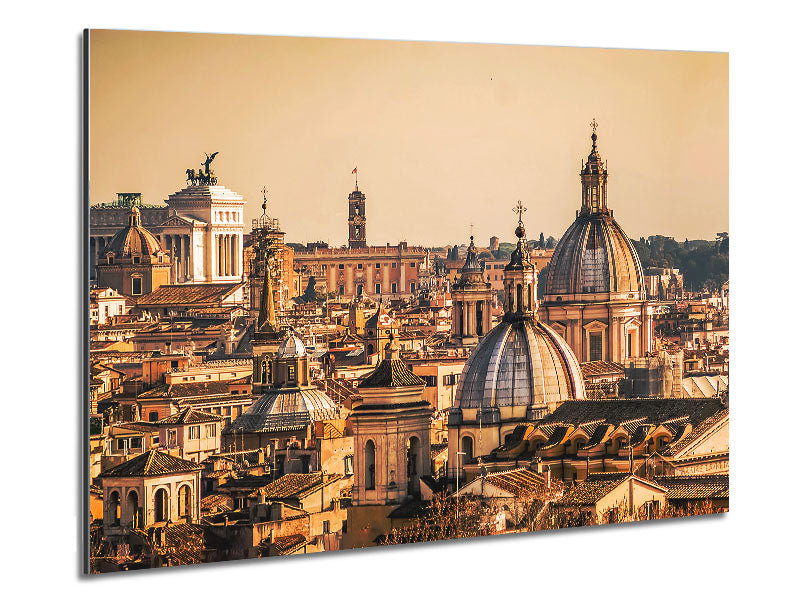 A stunning artwork of ancient buildings illuminated by a vibrant sunset, printed on brushed aluminium dibond.