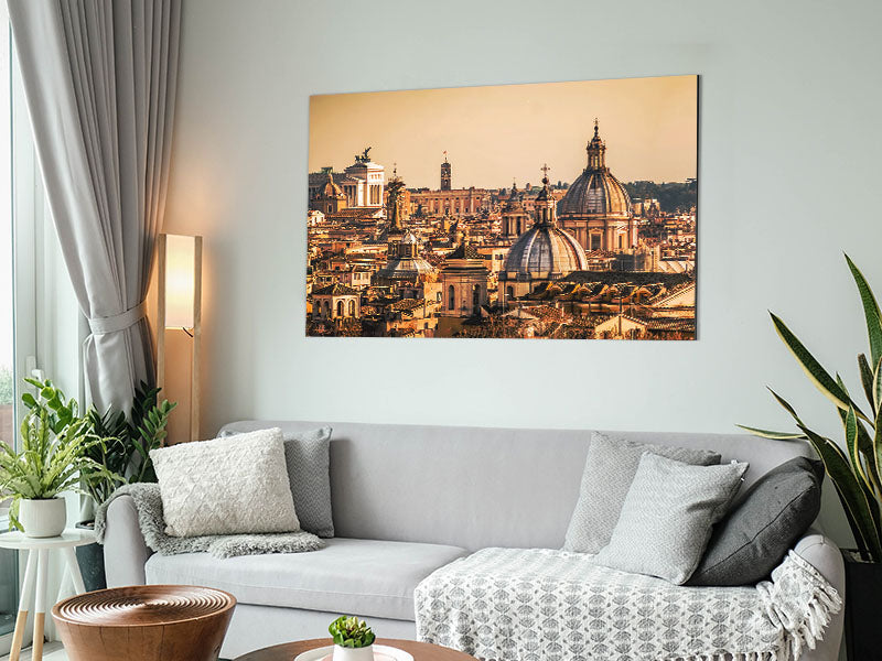 A stunning artwork of ancient buildings illuminated by a vibrant sunset, printed on brushed aluminium dibond.