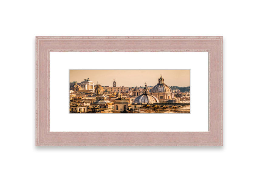 Framed print of ancient buildings at sunset, showcasing warm colors and intricate details.
