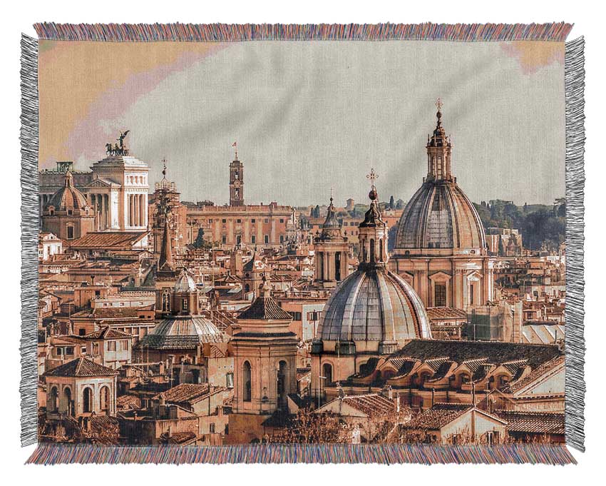 Luxurious cotton throw blanket featuring ancient buildings at sunset, showcasing a thermal weave for breathability and comfort.