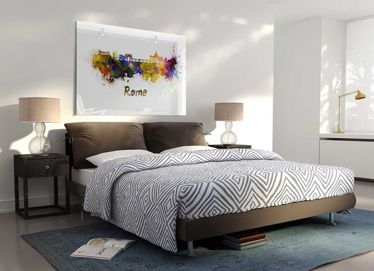 A vibrant glass print of Ancient Rainbow City featuring colorful buildings and a modern design, perfect for home decor.