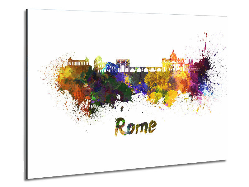 Vibrant artwork of Ancient Rainbow City printed on brushed aluminium dibond, showcasing colorful cityscape design.