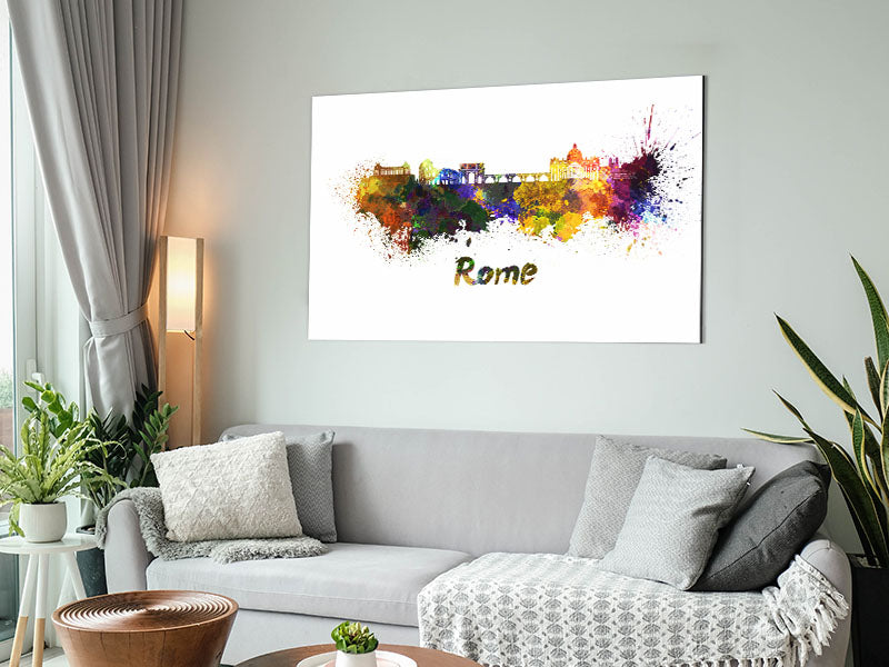 Vibrant artwork of Ancient Rainbow City printed on brushed aluminium dibond, showcasing colorful cityscape design.