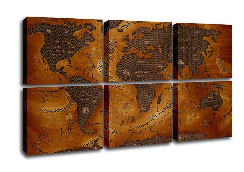 A beautifully detailed Ancient World Map canvas mounted on a 44mm box frame, showcasing vibrant colors and intricate geographical features.