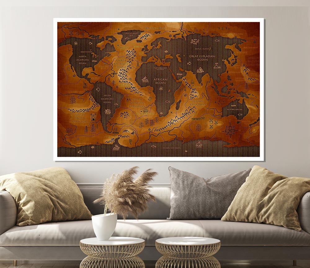 A beautifully detailed Ancient World Map poster printed on high-quality canvas, showcasing ancient geography and historical landmarks.