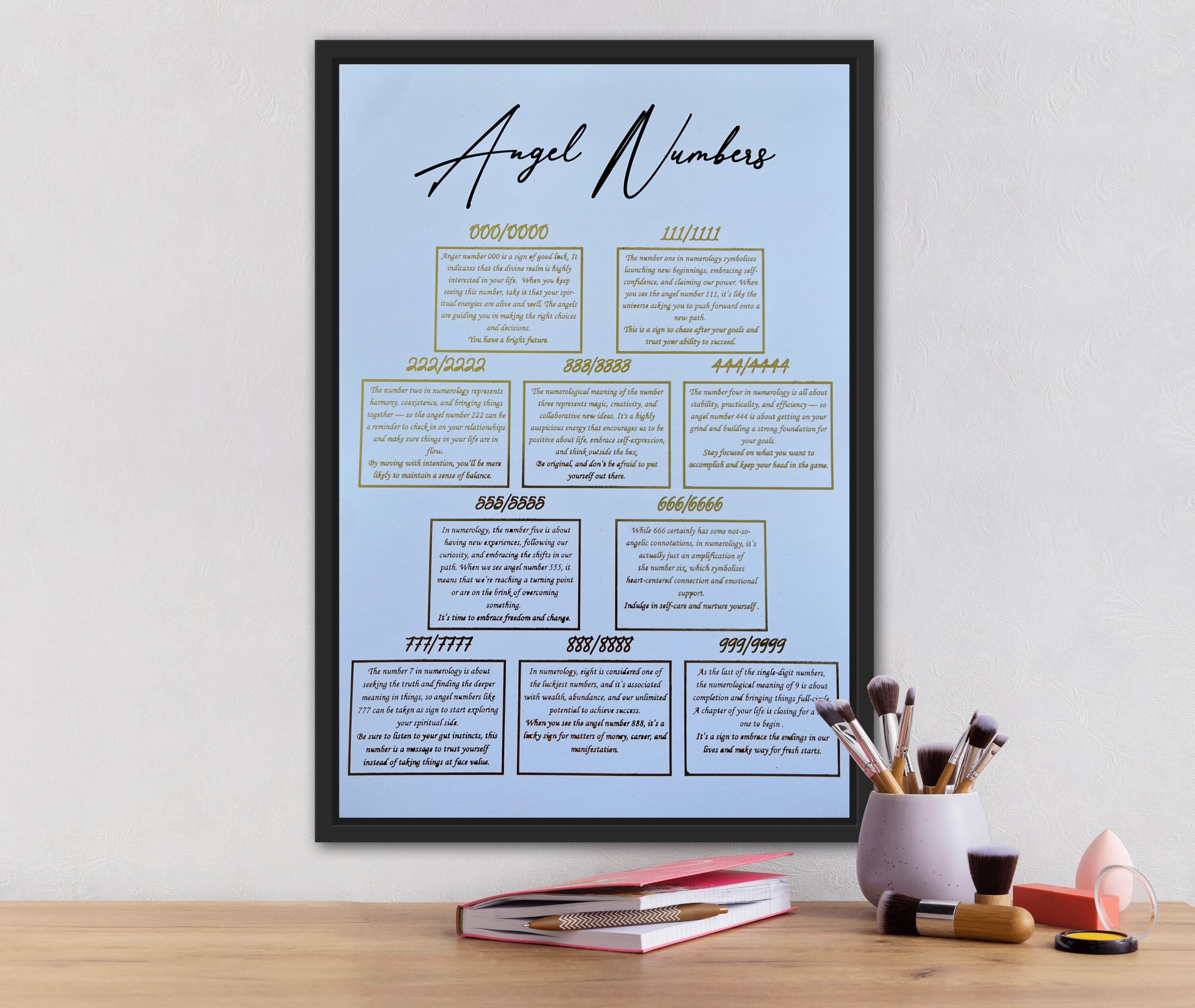 A beautiful foil printed artwork featuring angel numbers with gold and black accents on a white background, symbolizing spiritual guidance.