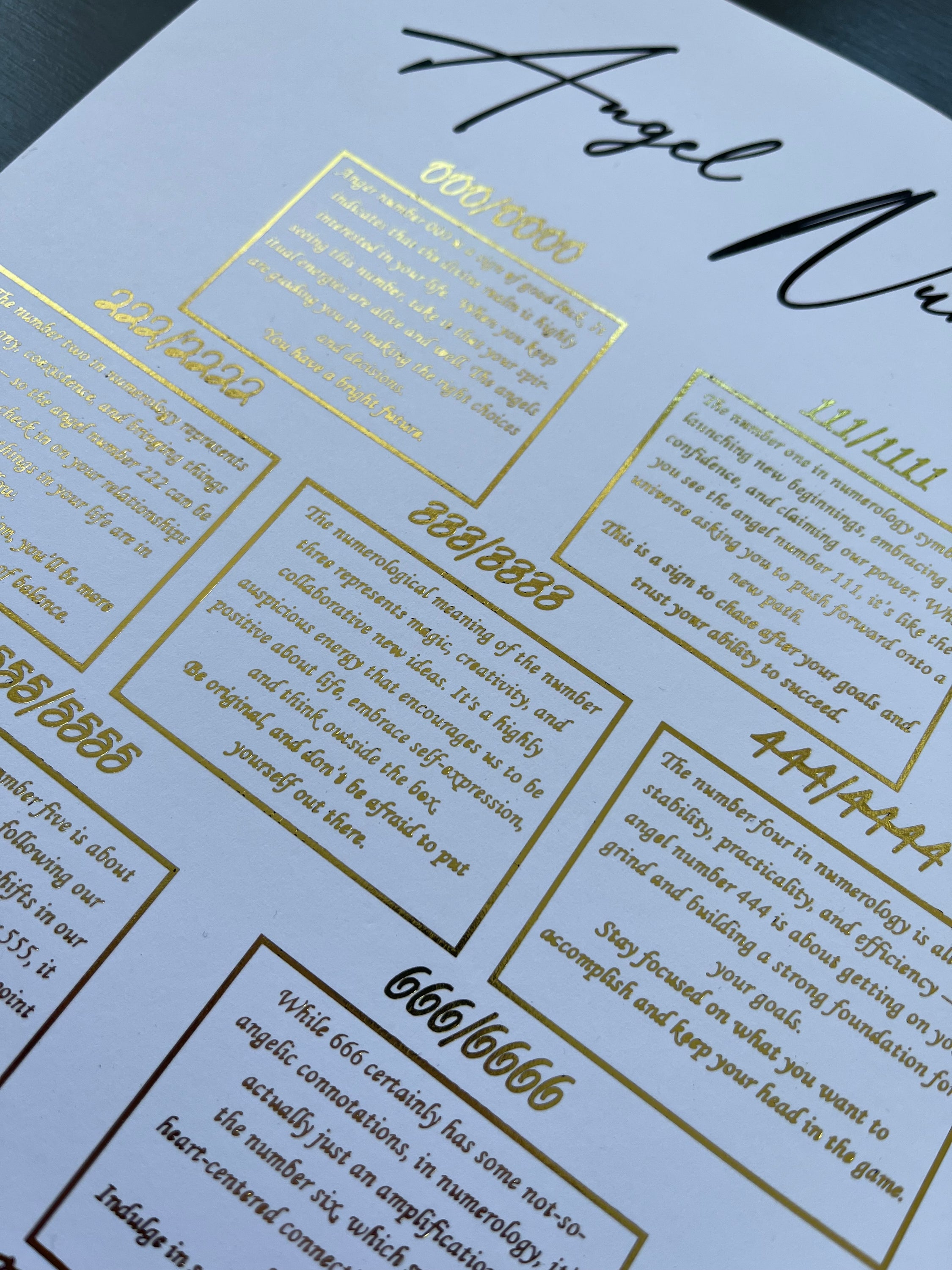 A beautiful foil printed artwork featuring angel numbers with gold and black accents on a white background, symbolizing spiritual guidance.