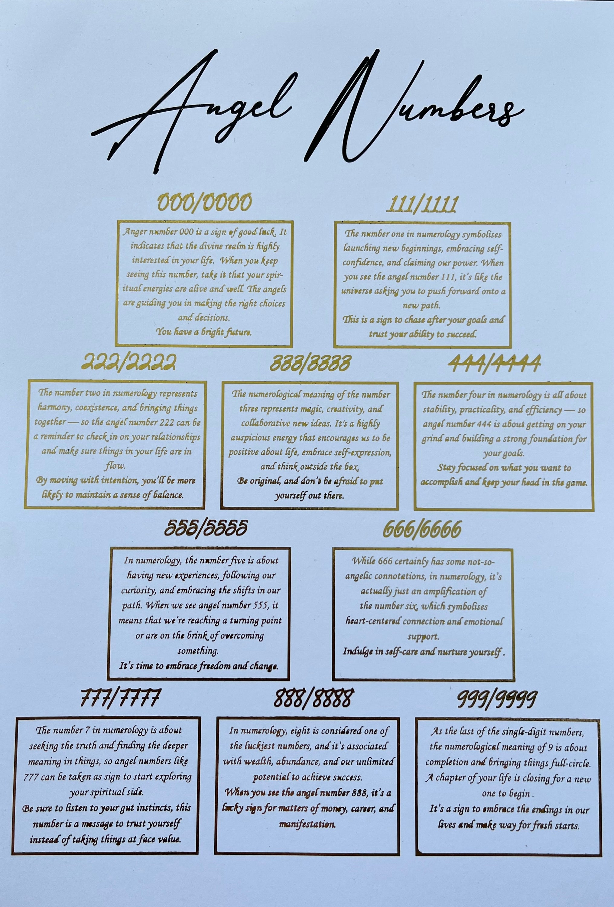 A beautiful foil printed artwork featuring angel numbers with gold and black accents on a white background, symbolizing spiritual guidance.