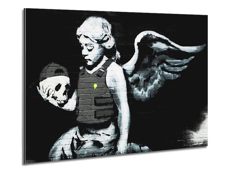 A modern Angel Skull artwork printed on brushed aluminium dibond, showcasing intricate details and a sleek finish.