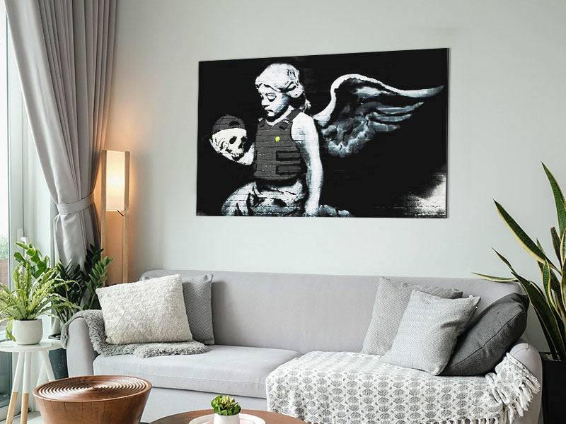 A modern Angel Skull artwork printed on brushed aluminium dibond, showcasing intricate details and a sleek finish.