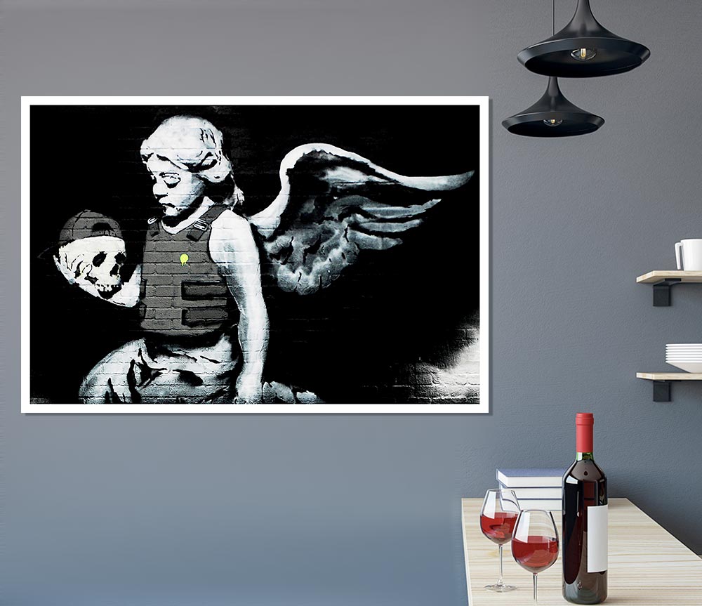 A high-quality canvas poster featuring an artistic angel skull design, perfect for home decor.