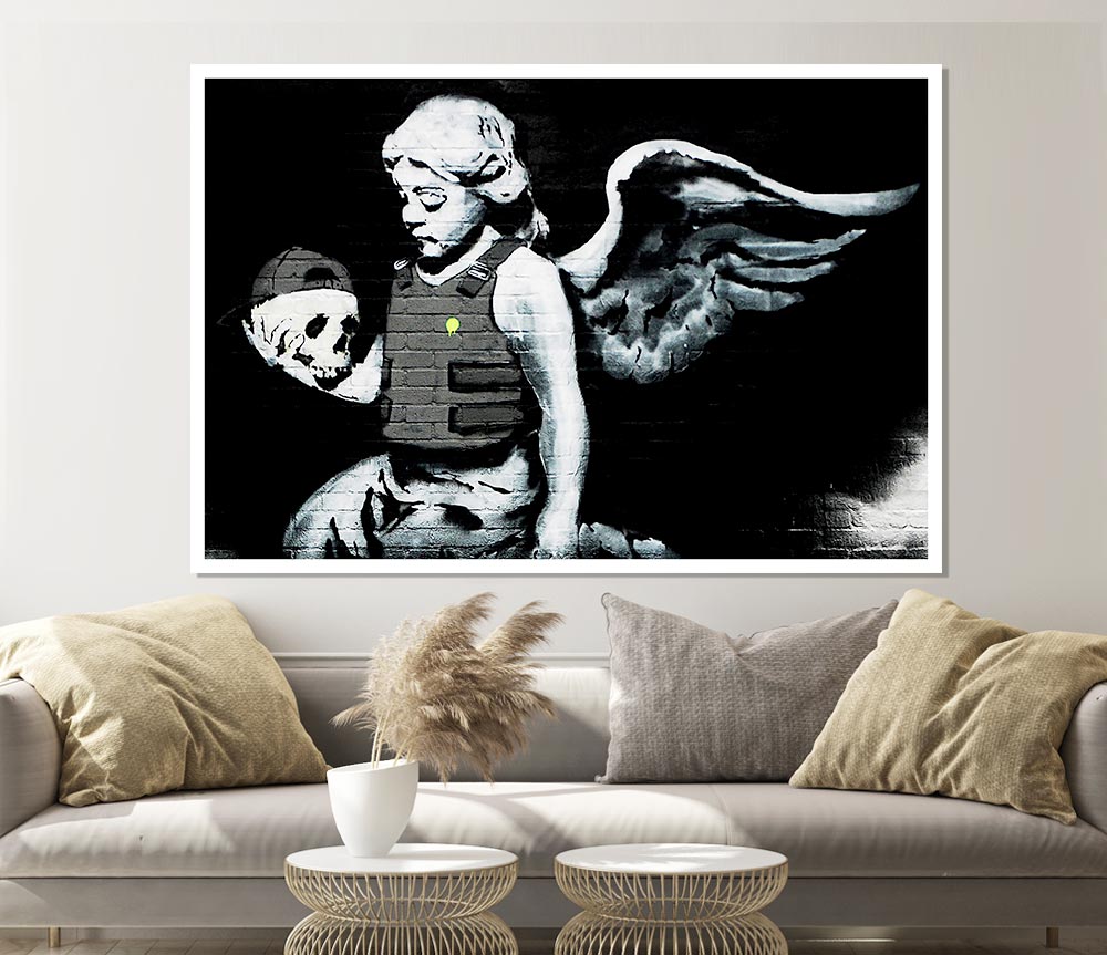 A high-quality canvas poster featuring an artistic angel skull design, perfect for home decor.