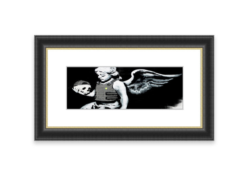 Framed Angel Skull print with intricate details, showcasing a blend of angelic and skull motifs, ready to hang.