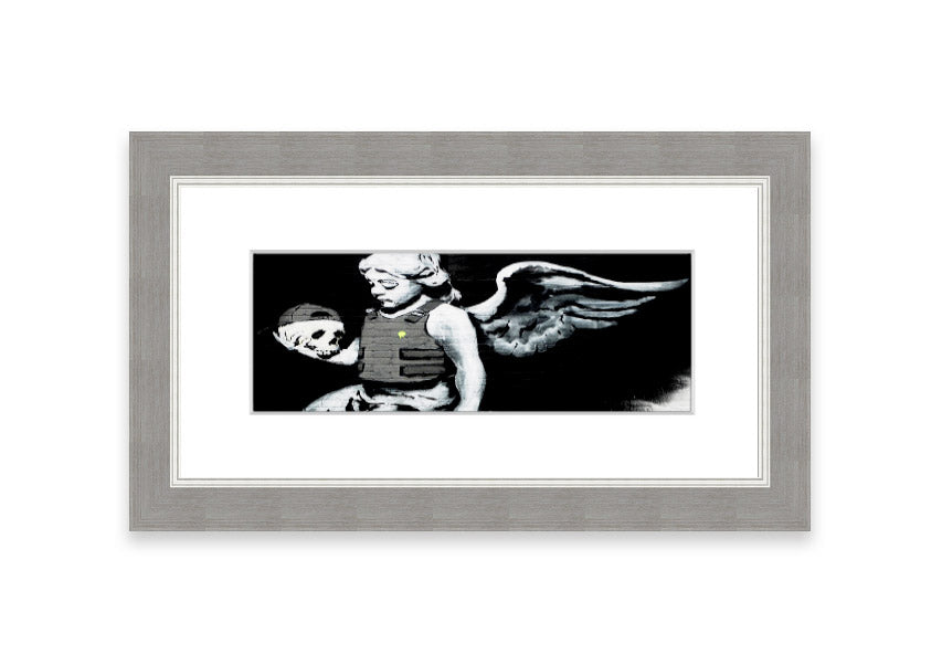 Framed Angel Skull print with intricate details, showcasing a blend of angelic and skull motifs, ready to hang.