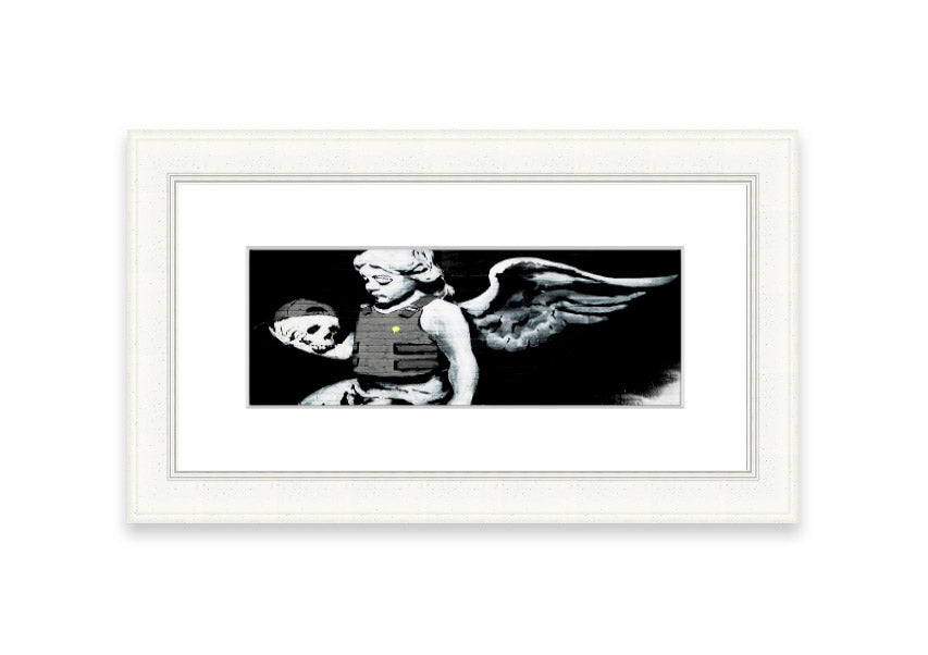 Framed Angel Skull print with intricate details, showcasing a blend of angelic and skull motifs, ready to hang.