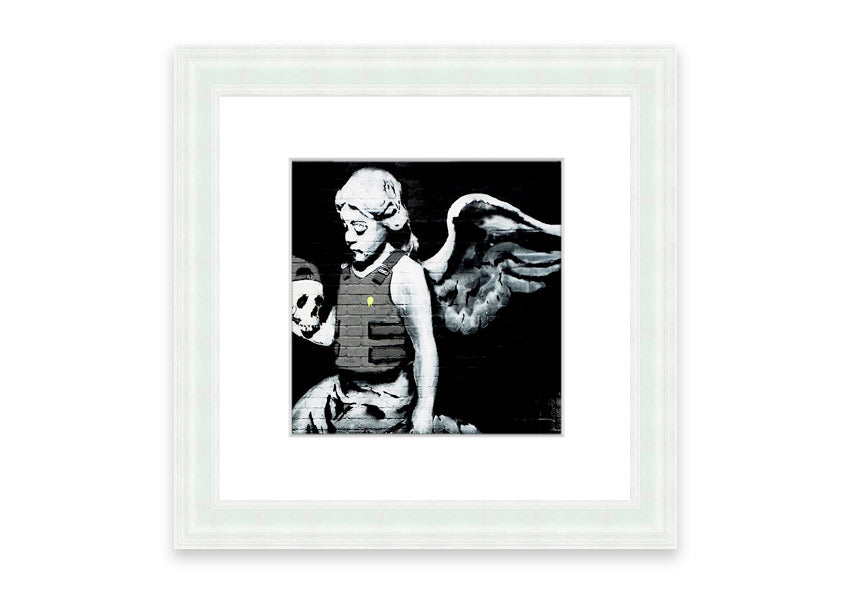 Framed Angel Skull print with intricate details, showcasing a blend of angelic and skull motifs, ready to hang.