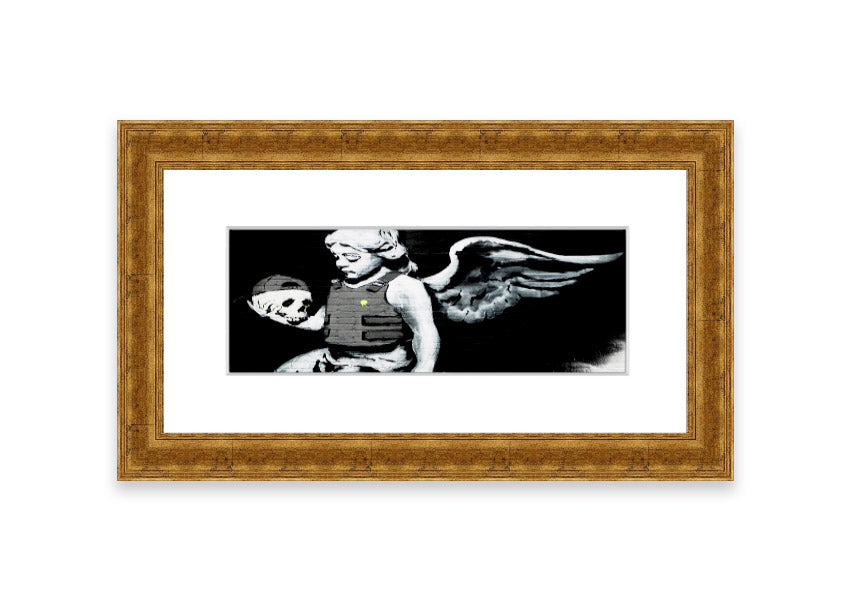 Framed Angel Skull print with intricate details, showcasing a blend of angelic and skull motifs, ready to hang.