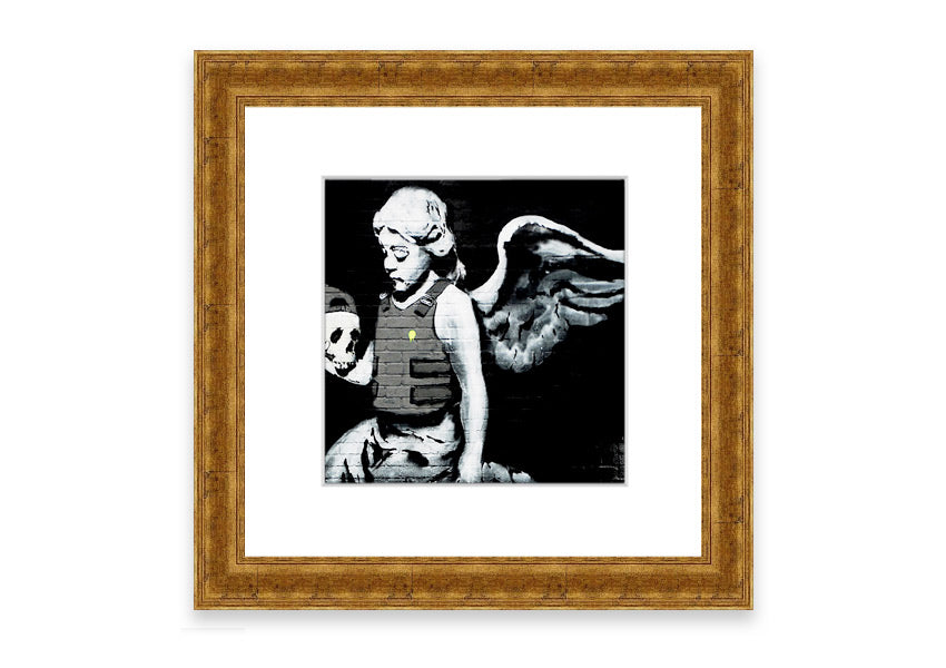 Framed Angel Skull print with intricate details, showcasing a blend of angelic and skull motifs, ready to hang.