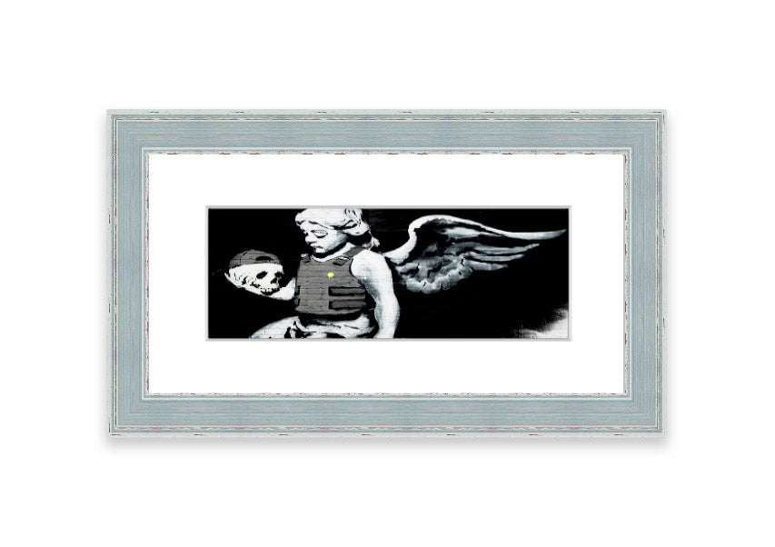 Framed Angel Skull print with intricate details, showcasing a blend of angelic and skull motifs, ready to hang.