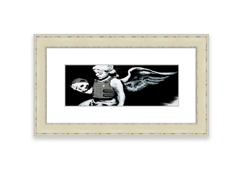 Framed Angel Skull print with intricate details, showcasing a blend of angelic and skull motifs, ready to hang.