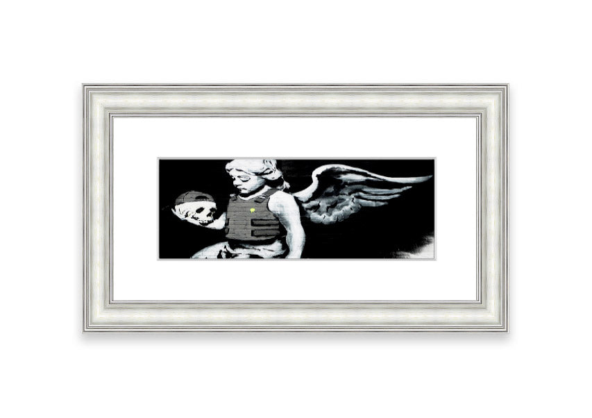 Framed Angel Skull print with intricate details, showcasing a blend of angelic and skull motifs, ready to hang.