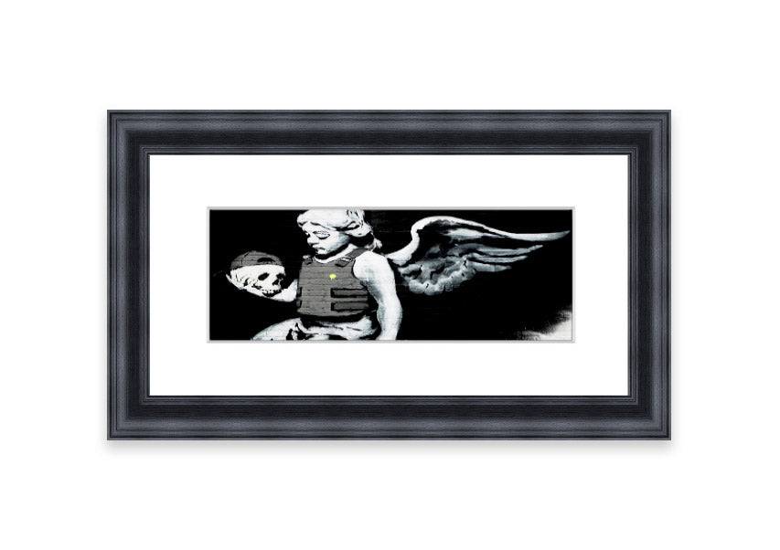 Framed Angel Skull print with intricate details, showcasing a blend of angelic and skull motifs, ready to hang.