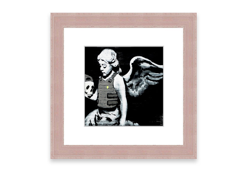 Framed Angel Skull print with intricate details, showcasing a blend of angelic and skull motifs, ready to hang.