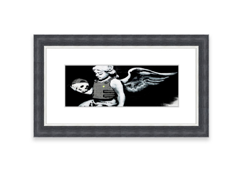 Framed Angel Skull print with intricate details, showcasing a blend of angelic and skull motifs, ready to hang.