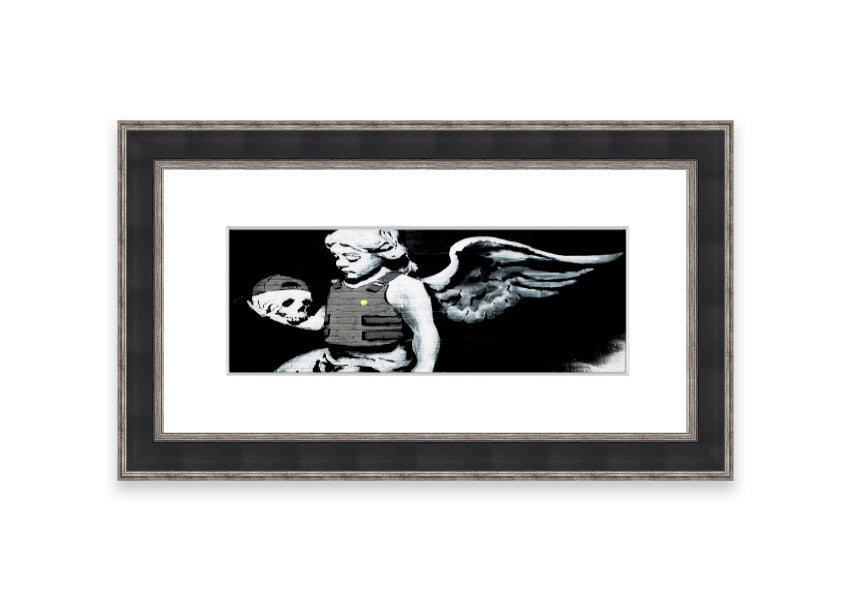 Framed Angel Skull print with intricate details, showcasing a blend of angelic and skull motifs, ready to hang.