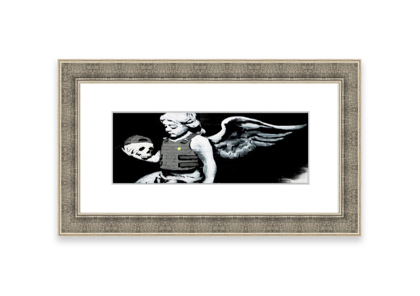 Framed Angel Skull print with intricate details, showcasing a blend of angelic and skull motifs, ready to hang.