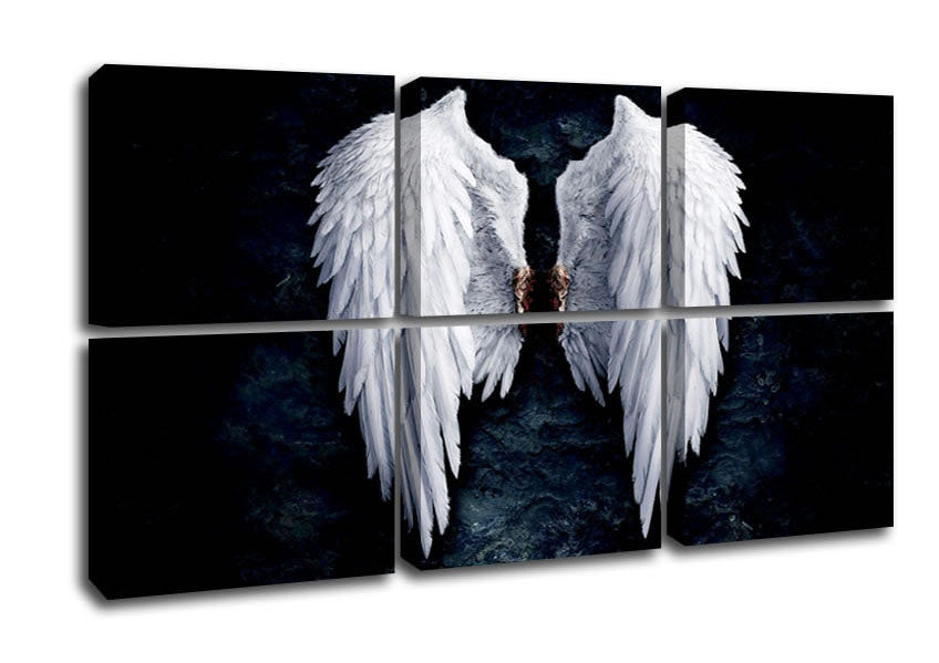 A beautifully printed canvas of angel wings mounted on a sturdy frame, ready to hang.