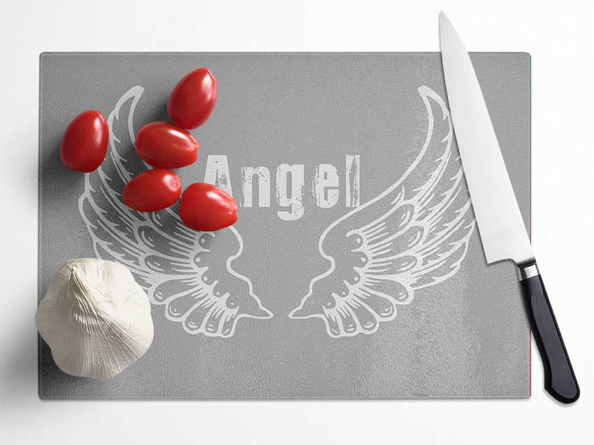 Angel Wings 2 Grey White chopping board made of tempered glass with chinchilla ripple effect and anti-slip feet.