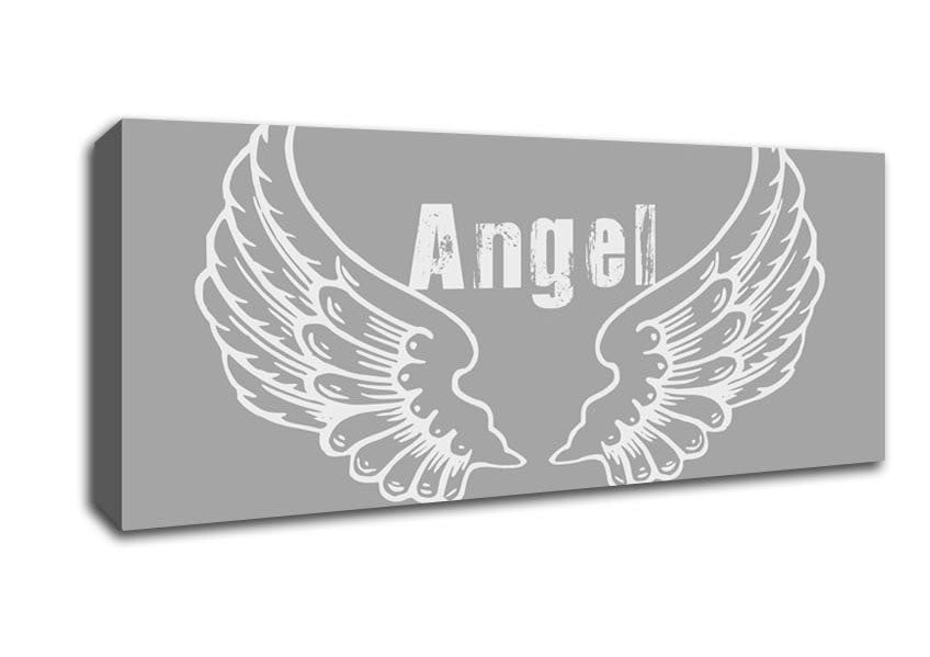 Angel Wings 2 Grey White canvas art mounted on a 44mm box frame, showcasing a beautiful grey and white design.
