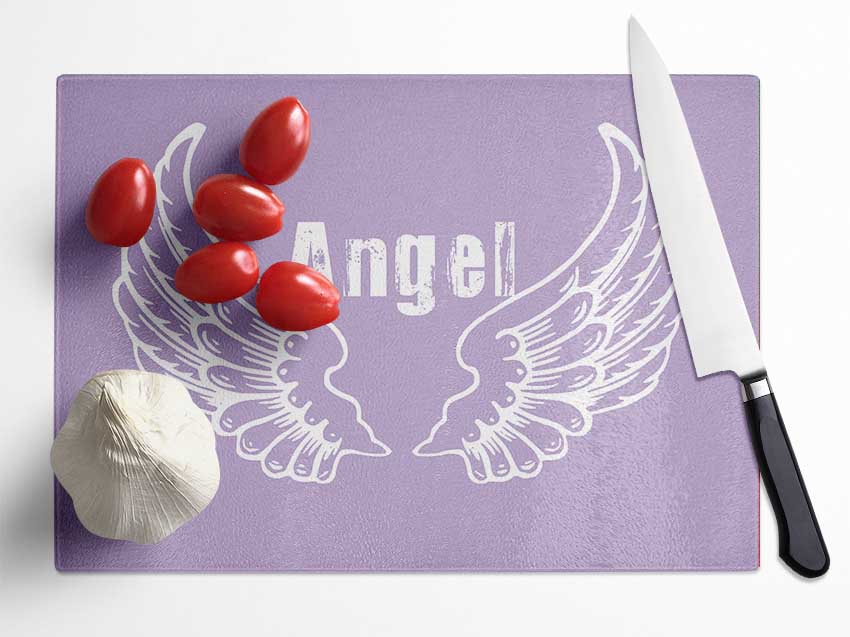 Angel Wings 2 Lilac chopping board made from tempered glass with a chinchilla ripple effect and anti-slip feet.