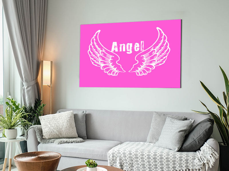 Angel Wings 2 Vivid Pink artwork printed on brushed aluminium dibond, showcasing vibrant pink colors and modern design.