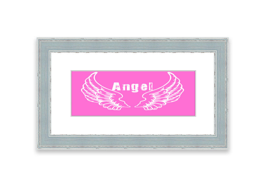 Framed print of Angel Wings 2 in vivid pink, showcasing intricate details and vibrant colors, ready to hang.
