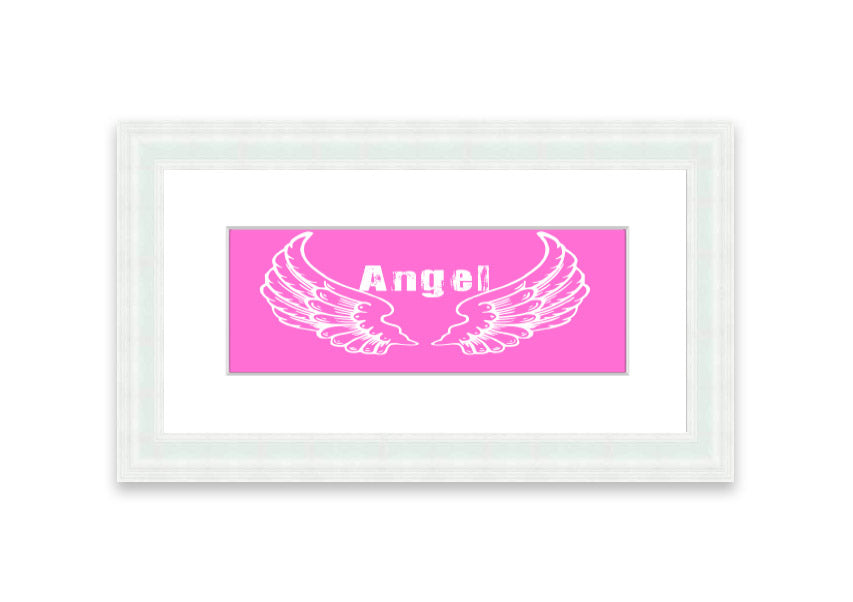 Framed print of Angel Wings 2 in vivid pink, showcasing intricate details and vibrant colors, ready to hang.